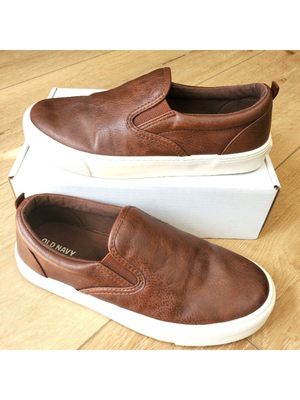 Old Navy Brown Slip On Sneakers Boys 4 Faux Leather Shoes Dressy Easter Party